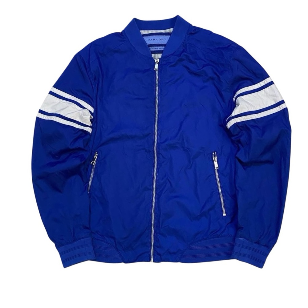 Zara Men's Royal Blue Bomber Jacket with White Stripes